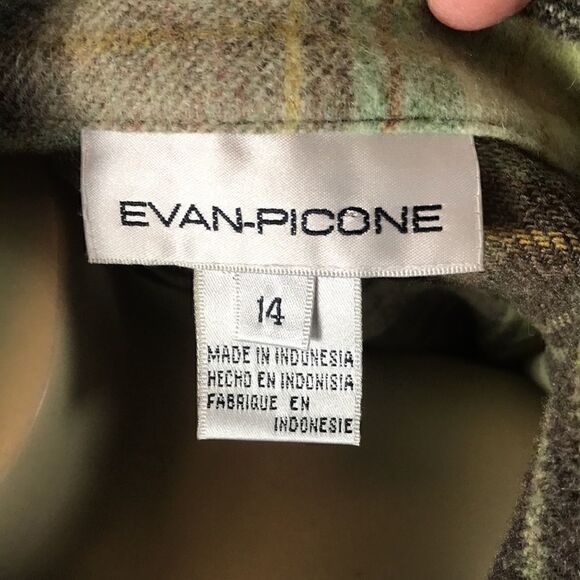 Evan Piccone size 14 Wool Plaid blend Shirt coat, EUC Green Browns Shacket - Picture 5 of 6